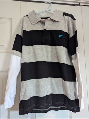 Boys Wrangler Black and Gray Striped Long Sleeve Polo with White Sleeves